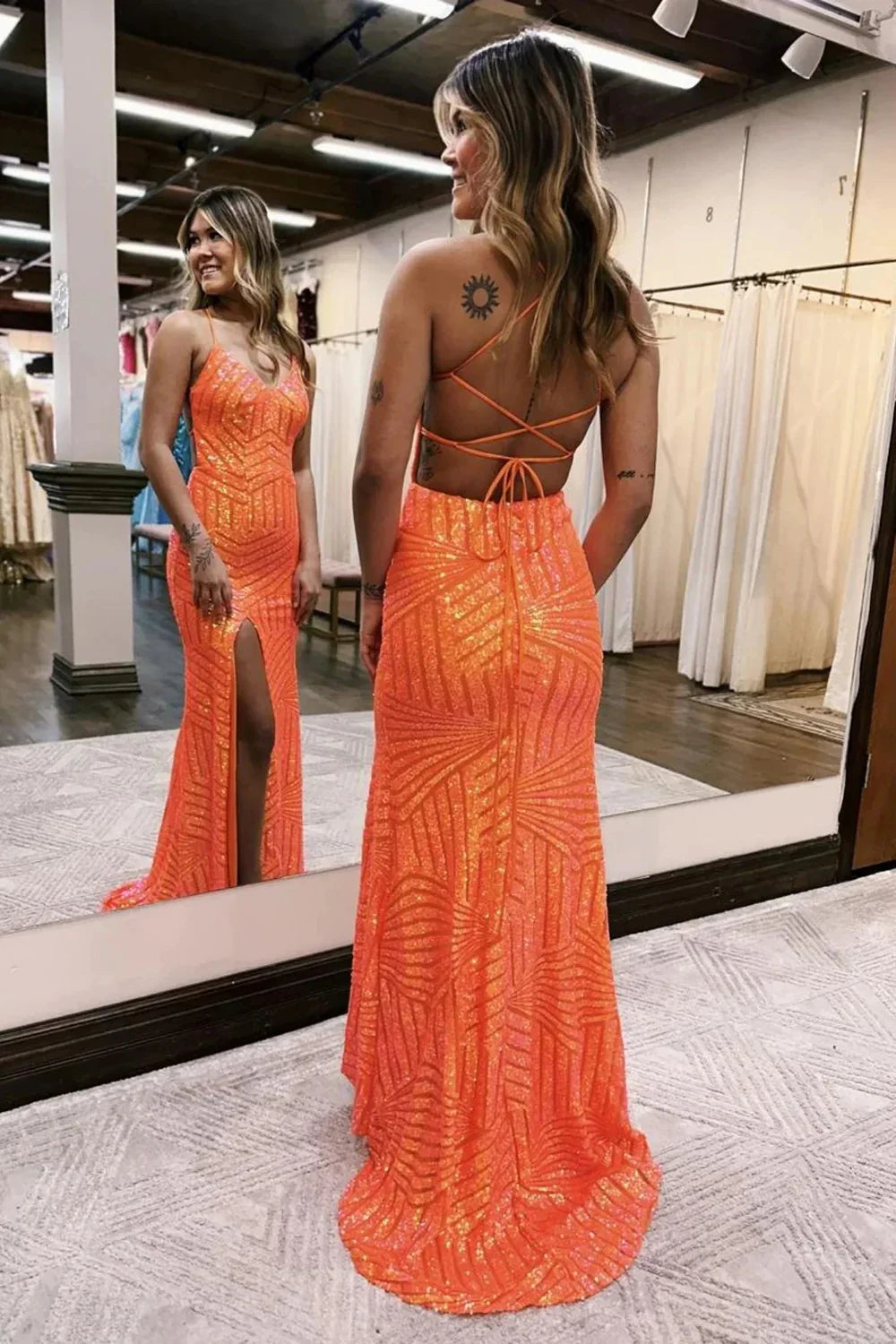 V-Neck Spaghetti Straps Mermaid Sequins Party Prom Dress