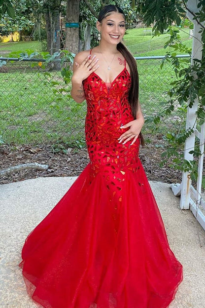 V-Neck Spaghetti Straps Mermaid Tulle Beaded Party Prom Dress