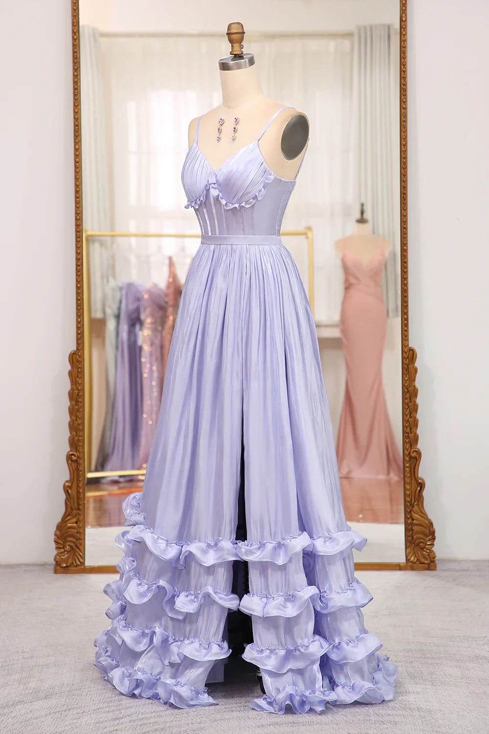 V-Neck Spaghetti Straps Satin A-Line Ruffle Party Prom Dress