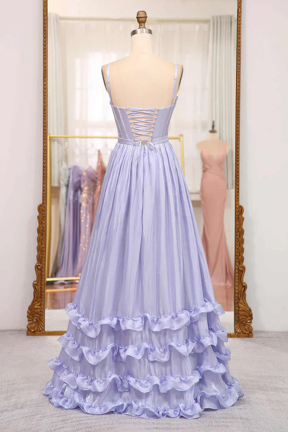 V-Neck Spaghetti Straps Satin A-Line Ruffle Party Prom Dress
