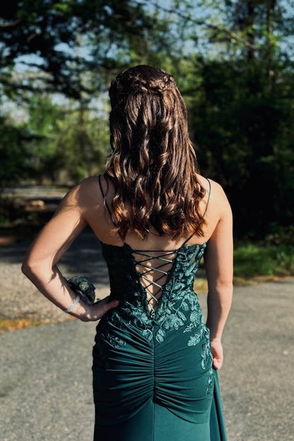 V-Neck Spaghetti Straps Satin And Lace Mermaid Party Prom Dress