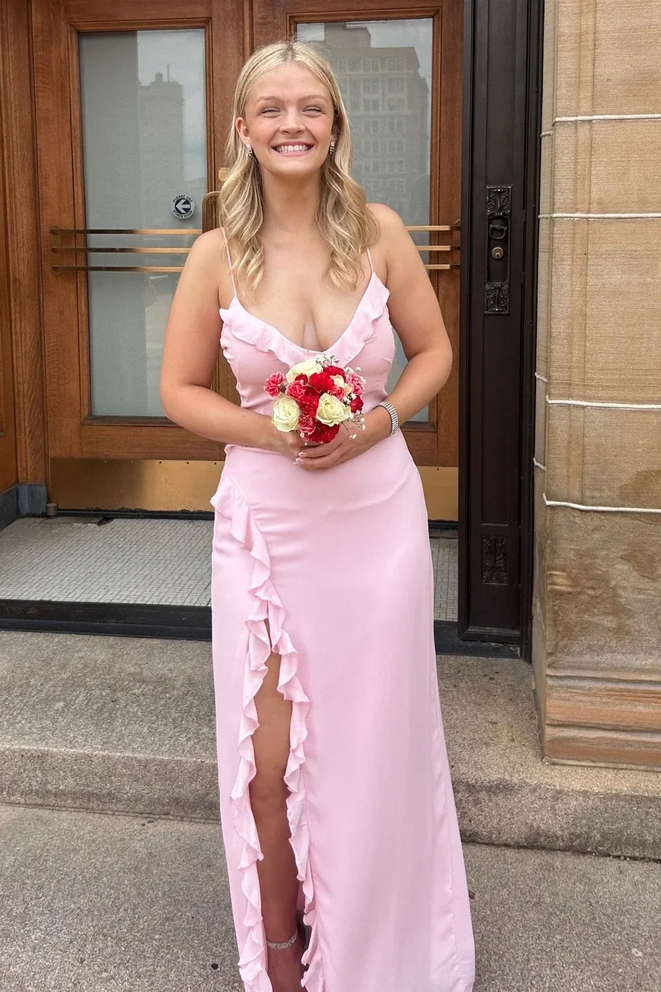 V-Neck Spaghetti Straps Satin Party Prom Dress With Ruffle Slit
