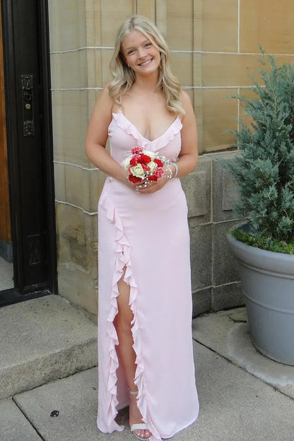 V-Neck Spaghetti Straps Satin Party Prom Dress With Ruffle Slit