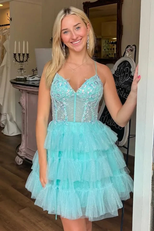 V-Neck Spaghetti Straps Tiered Tulle A-Line Appliques Homecoming Dress