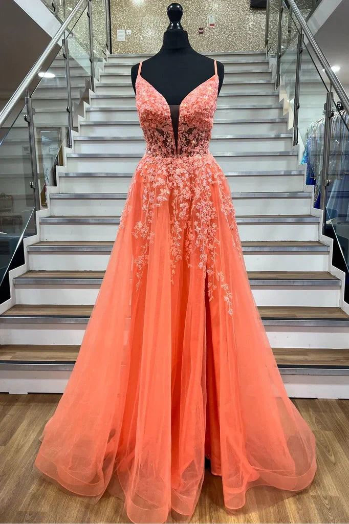 V-Neck Spaghetti Straps Tulle A-Line Appliques Party Prom Dress
