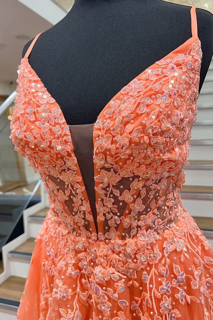 V-Neck Spaghetti Straps Tulle A-Line Appliques Party Prom Dress