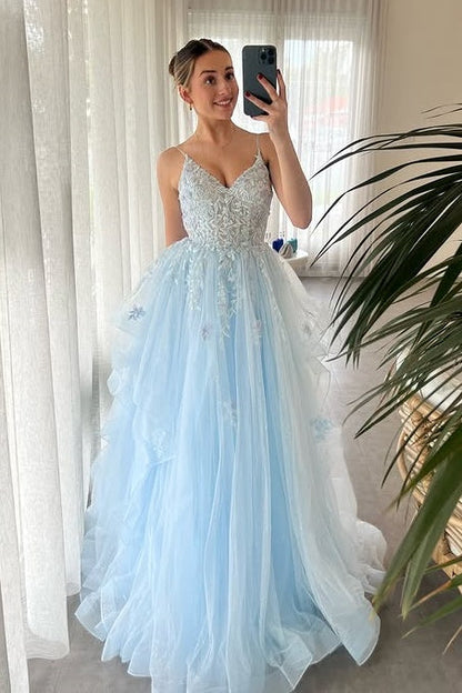 V-Neck Spaghetti Straps Tulle A-Line Appliques Party Prom Dress