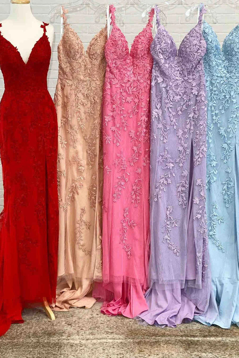 V-Neck Spaghetti Straps With Side Slit Lace Appliques Prom Dress
