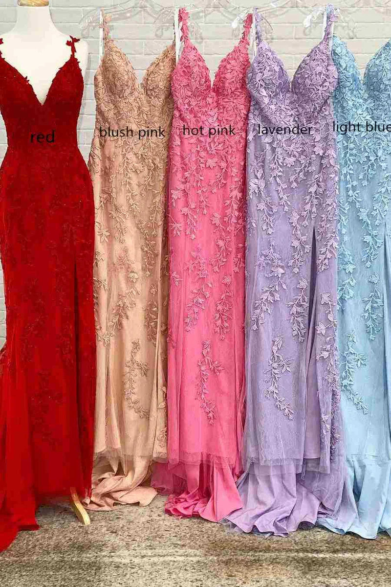 V-Neck Spaghetti Straps With Side Slit Lace Appliques Prom Dress