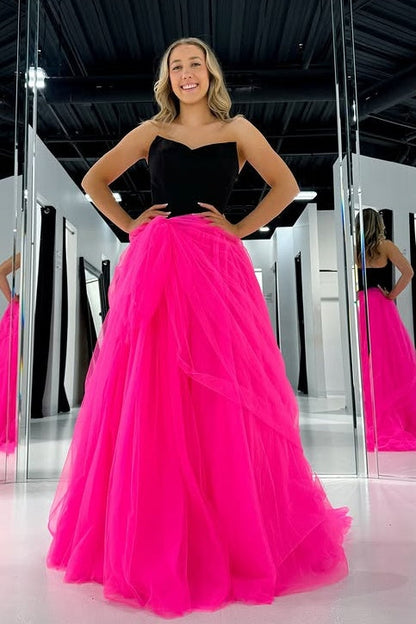 V-Neck Strapless Chiffon A-Line Tulle Party Prom Dress