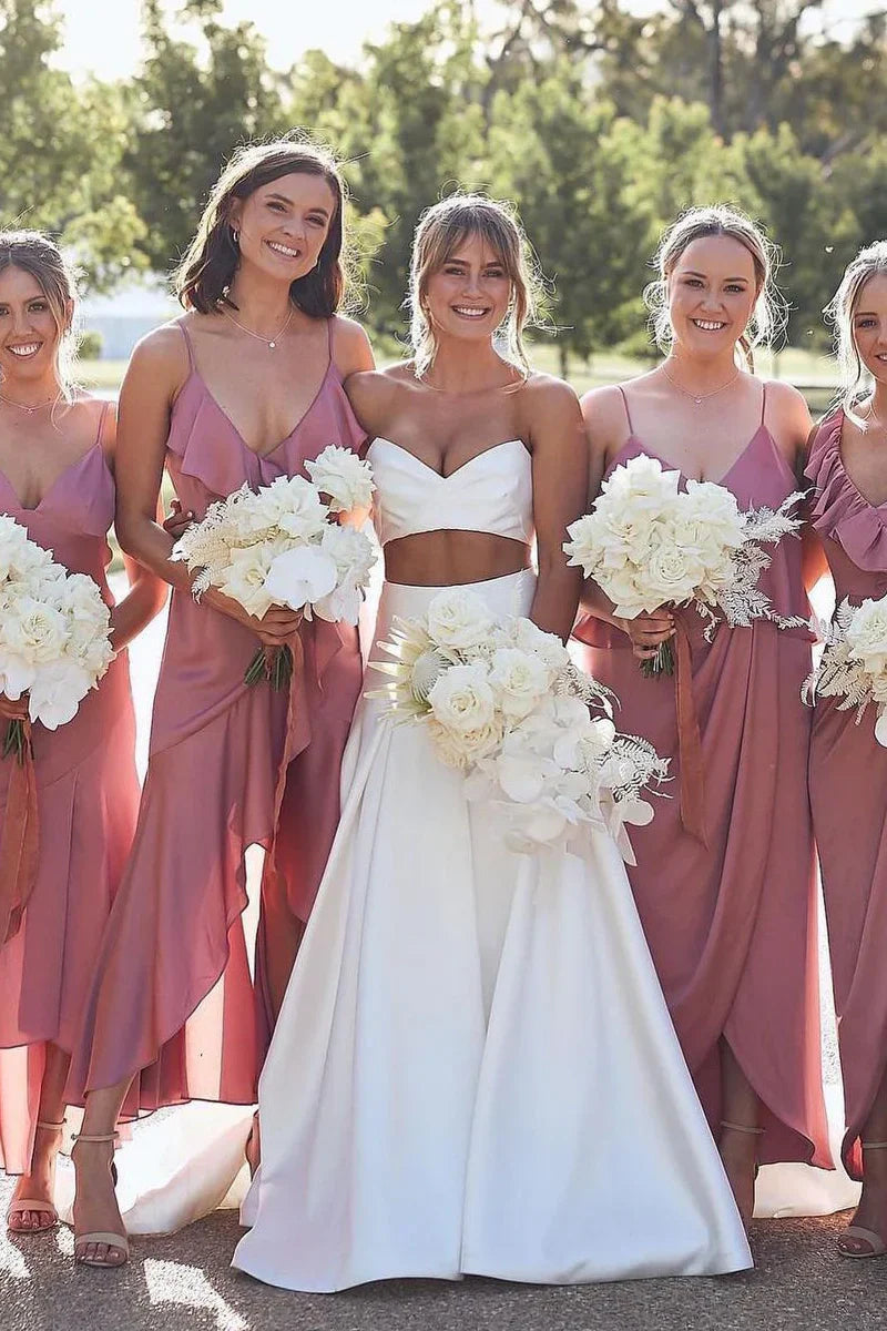 V-Neck Strapless Satin A-Line Illusion Empire Wedding Dress