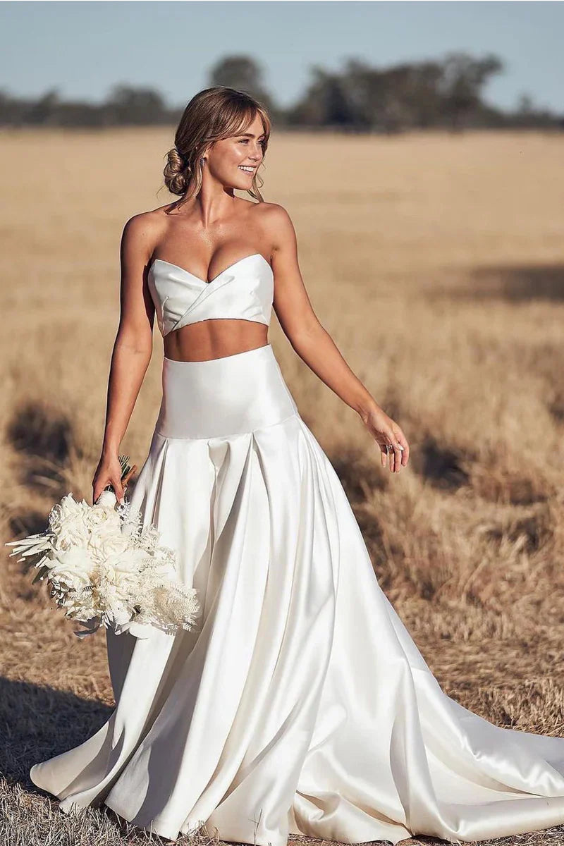 V-Neck Strapless Satin A-Line Illusion Empire Wedding Dress