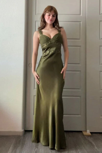 V-Neck Straps Empire A-Line Beaded Appliques Party Prom Dress