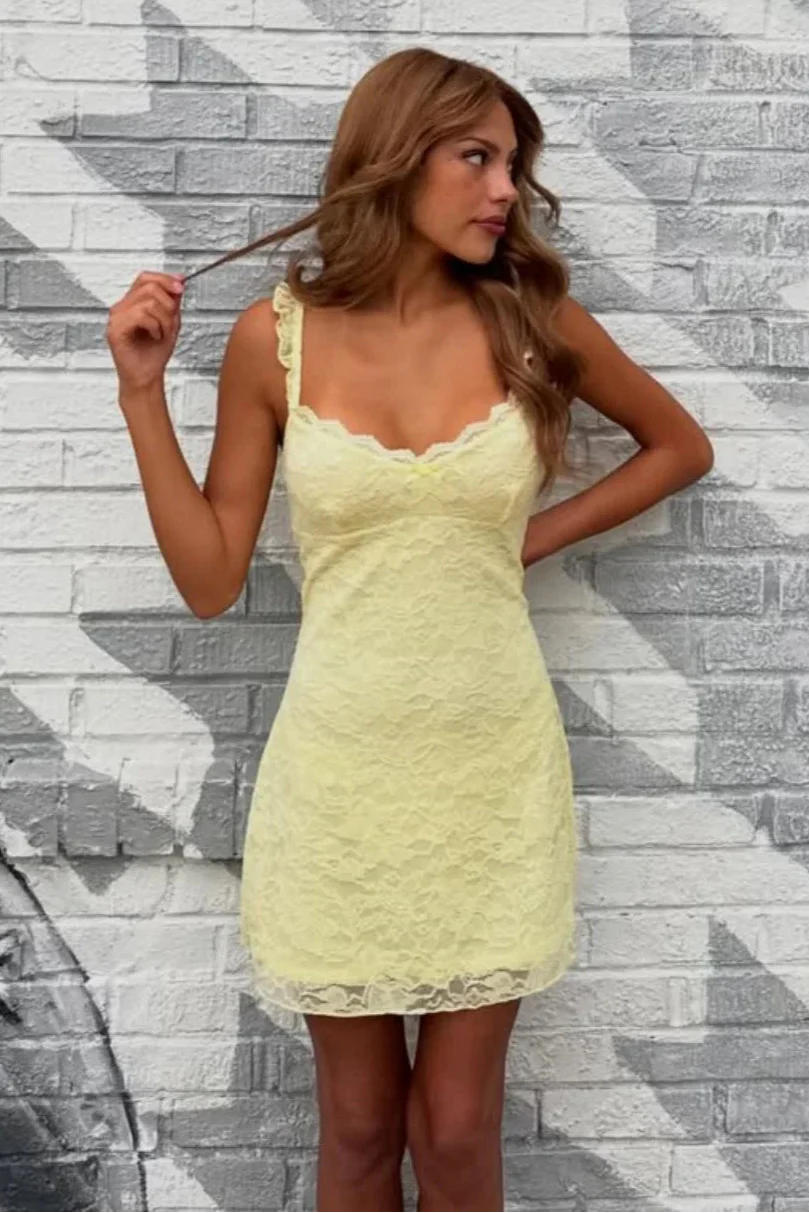V-Neck Straps Lace Sheath Yellow Mini Homecoming Party Dress