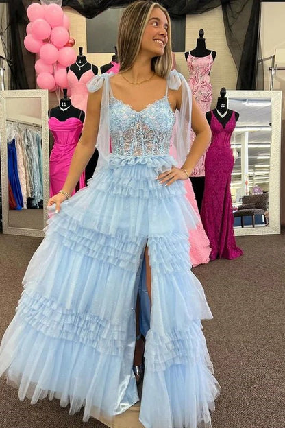 V-Neck Straps Tulle A-Line Appliques Tiered Long Party Prom Dress