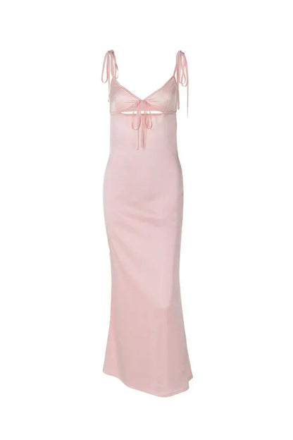 V-Neck Tie Straps Satin Fitted Long Party Prom Dress