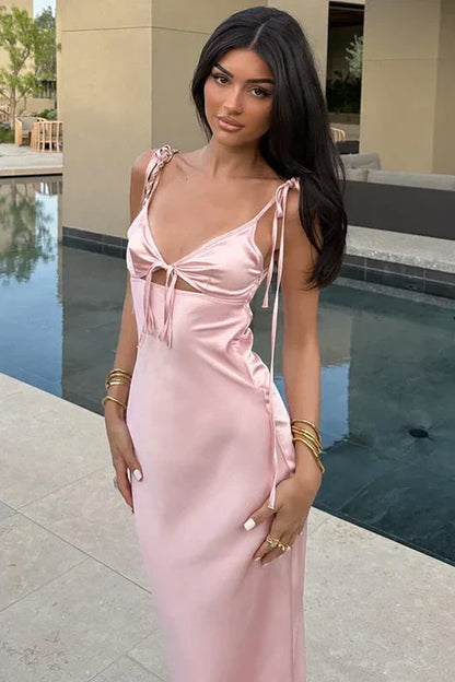 V-Neck Tie Straps Satin Fitted Long Party Prom Dress