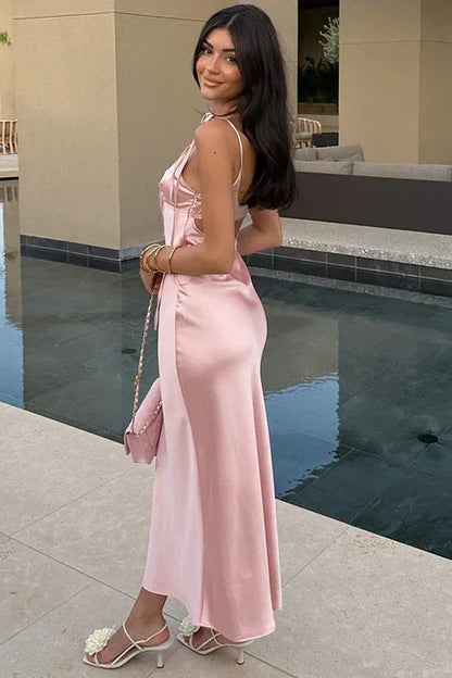 V-Neck Tie Straps Satin Fitted Long Party Prom Dress