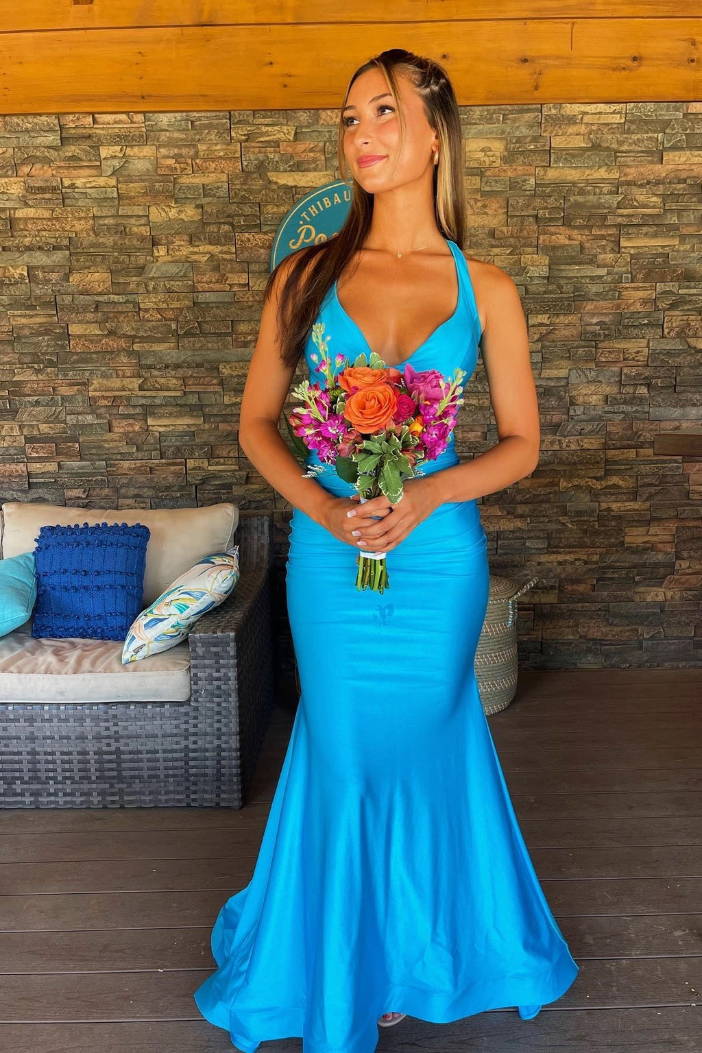 V-neck Open Back Ruched Mermaid Graduation Dress Formal Dresses Long
