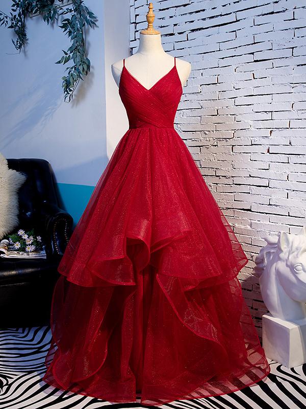 V-neck Spaghetti Strap Red Glitter Tulle Tiered Ball Gown Dress