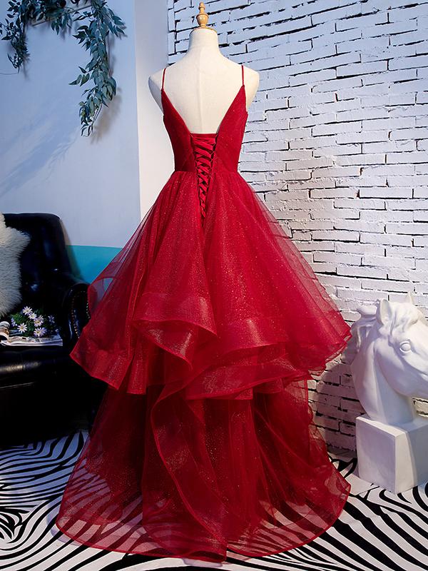 V-neck Spaghetti Strap Red Glitter Tulle Tiered Ball Gown Dress
