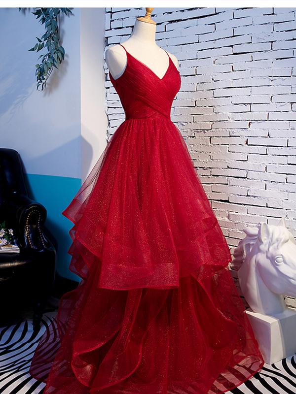 V-neck Spaghetti Strap Red Glitter Tulle Tiered Ball Gown Dress