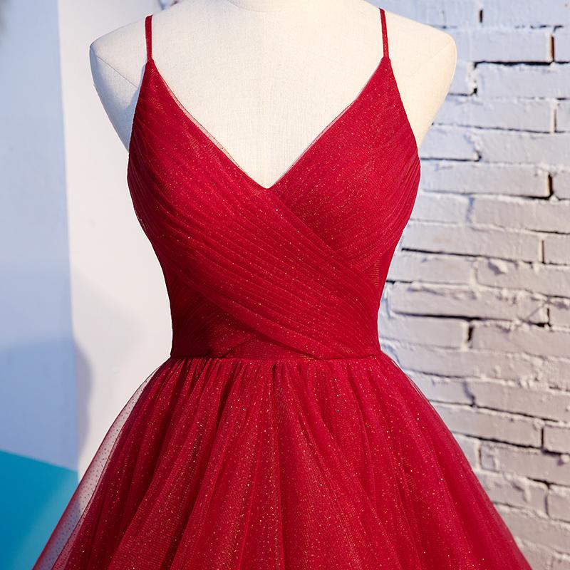 V-neck Spaghetti Strap Red Glitter Tulle Tiered Ball Gown Dress