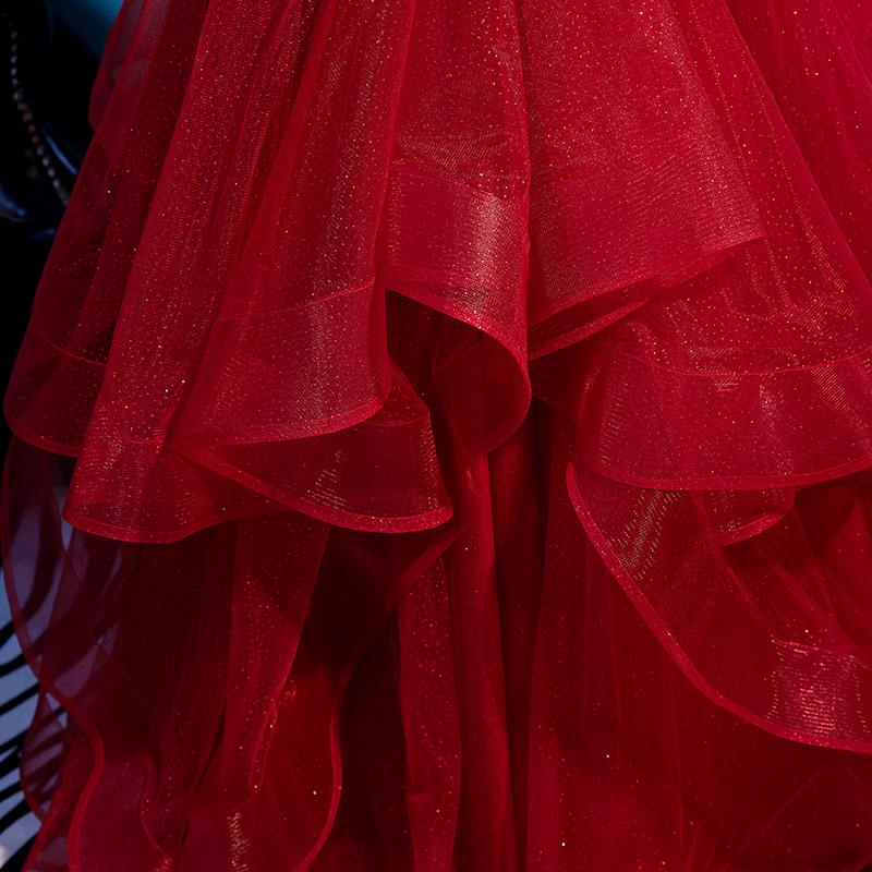 V-neck Spaghetti Strap Red Glitter Tulle Tiered Ball Gown Dress
