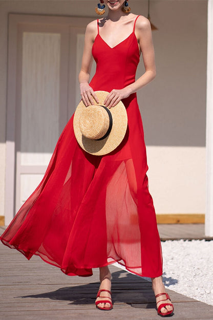 V Neck Red Chiffon Maxi Dress