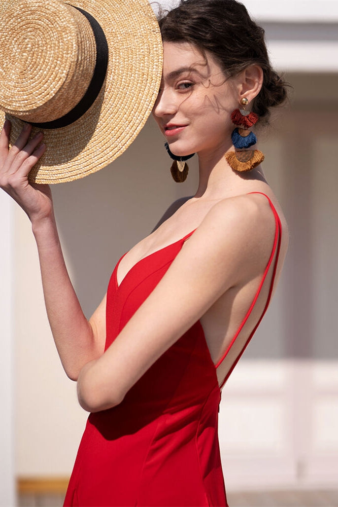 V Neck Red Chiffon Maxi Dress