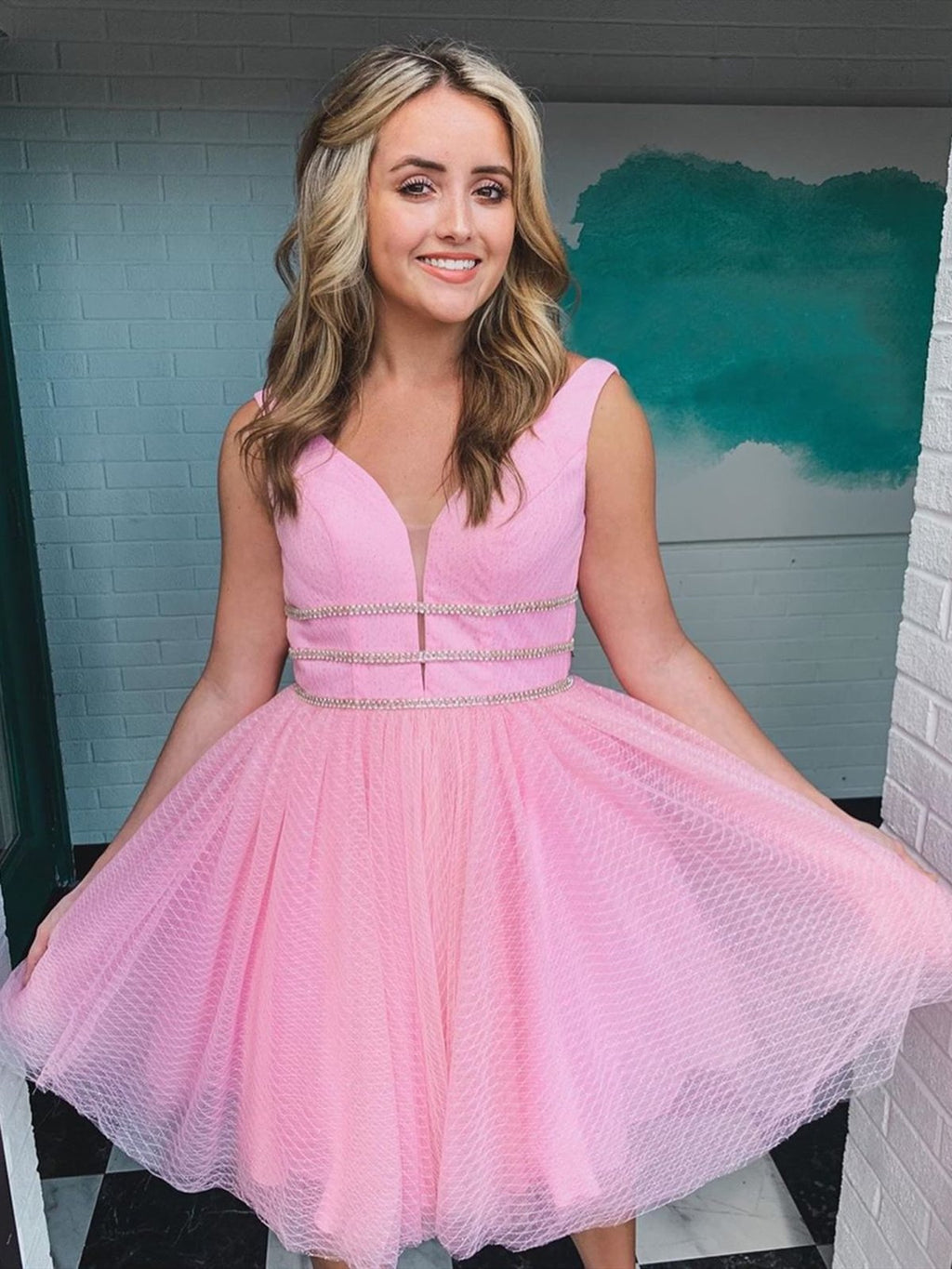 V Neck Short Pink Prom Dresses, Short V Neck Pink Graduation Homecoming Dresses