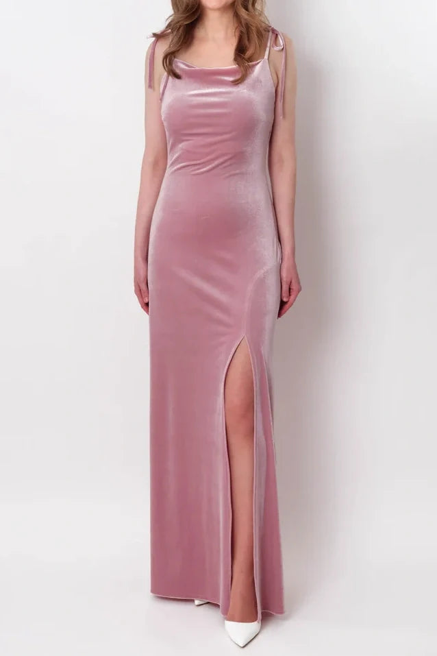 Velvet Square Spaghetti Straps Fitted Dress With Slit