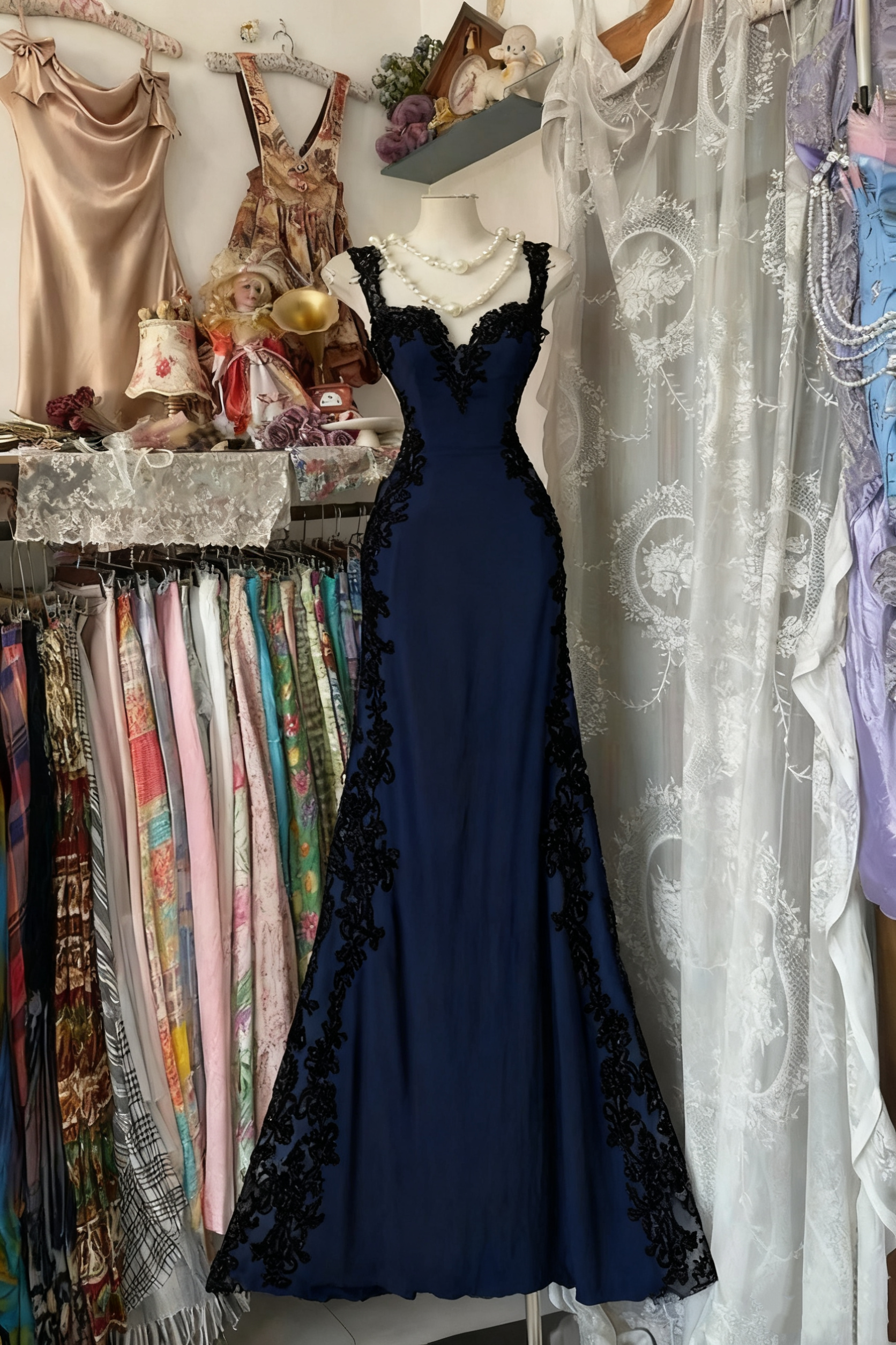 girlhomeshops- Vintage Lace Slim Shoulder Strap Long Birthday Dream Dress gh6208