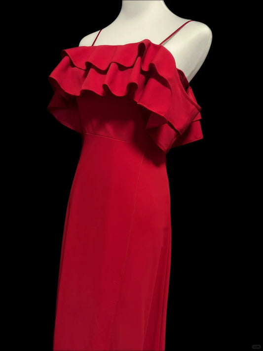 Red Elegant Sweet Fashion Ruffles Off Shoulder Long Satin Chiffon Ball Gown Evening Gown Birthday Wedding Bridesmaid Dress Party Dress Prom Gown gh3935