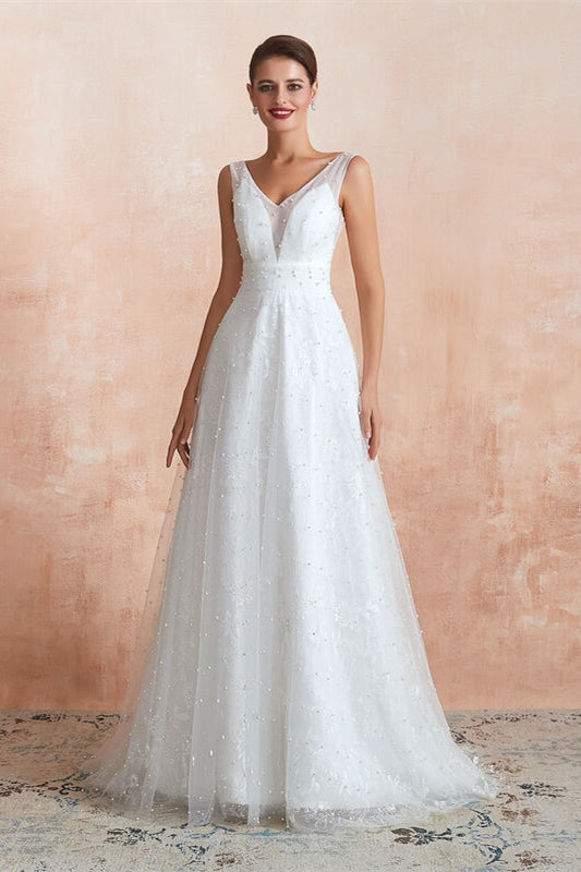 Casual White Long Wedding Dress with Pearls