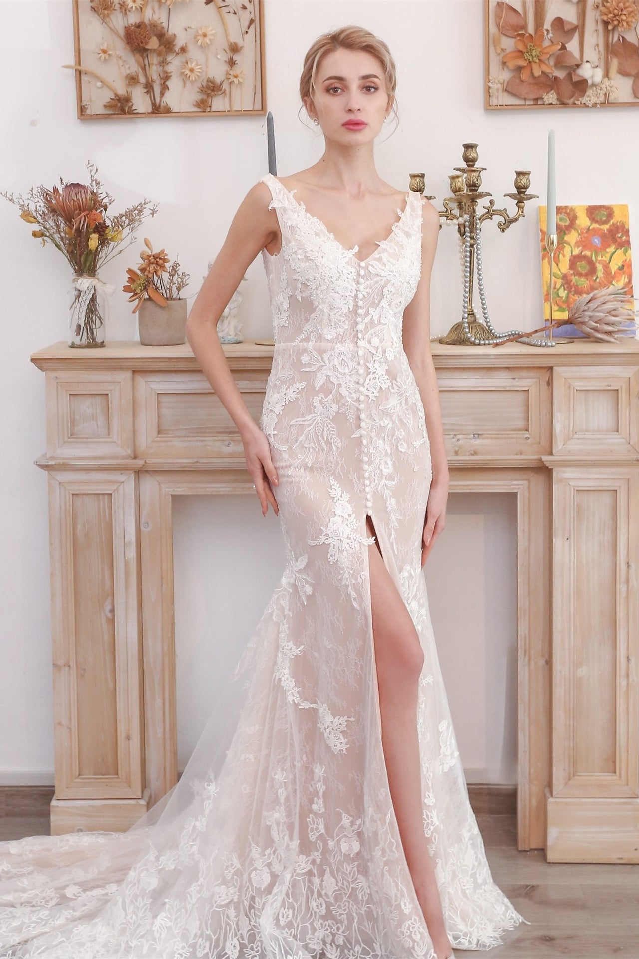 Flattering White Lace Mermaid Long Wedding Dress with Slit