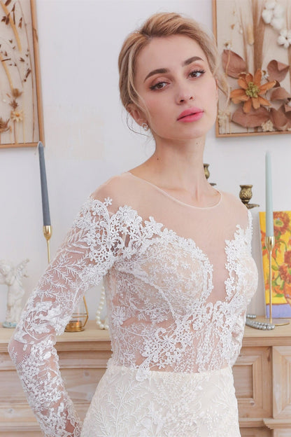 Long Sleeves White Lace Mermaid Wedding Dress
