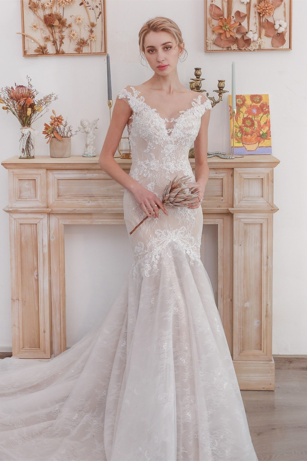 Plunge White A-line Long Wedding Dress with Pockets