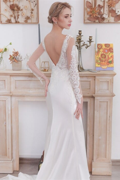 Long Sleeves Mermaid White Satin Wedding Dress