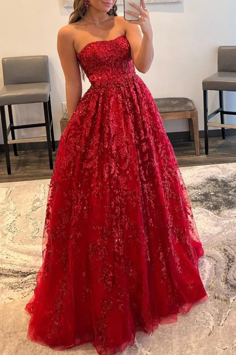 A-Line Strapless Empire Formal Prom Dress Wih Pockets