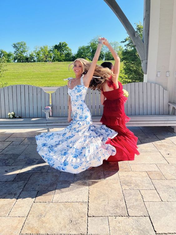 Flowy Floral A-Line Prom Dress Long Evening Dresses for Party Events
