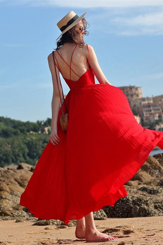 Red Chiffon Summer Long Dress