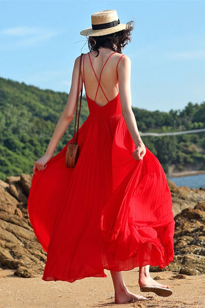 Red Chiffon Summer Long Dress