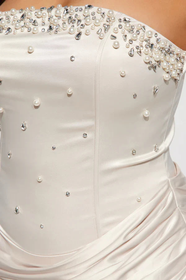 White Satin Fitted Beaded Strapless Ruched Empire Party Homecoming Dress