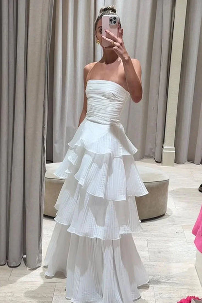 White Strapless Chiffon A-Line Empire Tiered Party Prom Dress