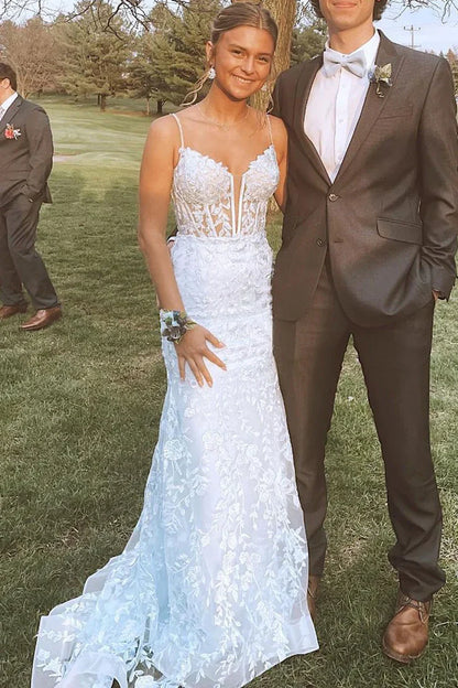 White Sweetheart Sleeveless Lace Appliques Mermaid Party Prom Dress
