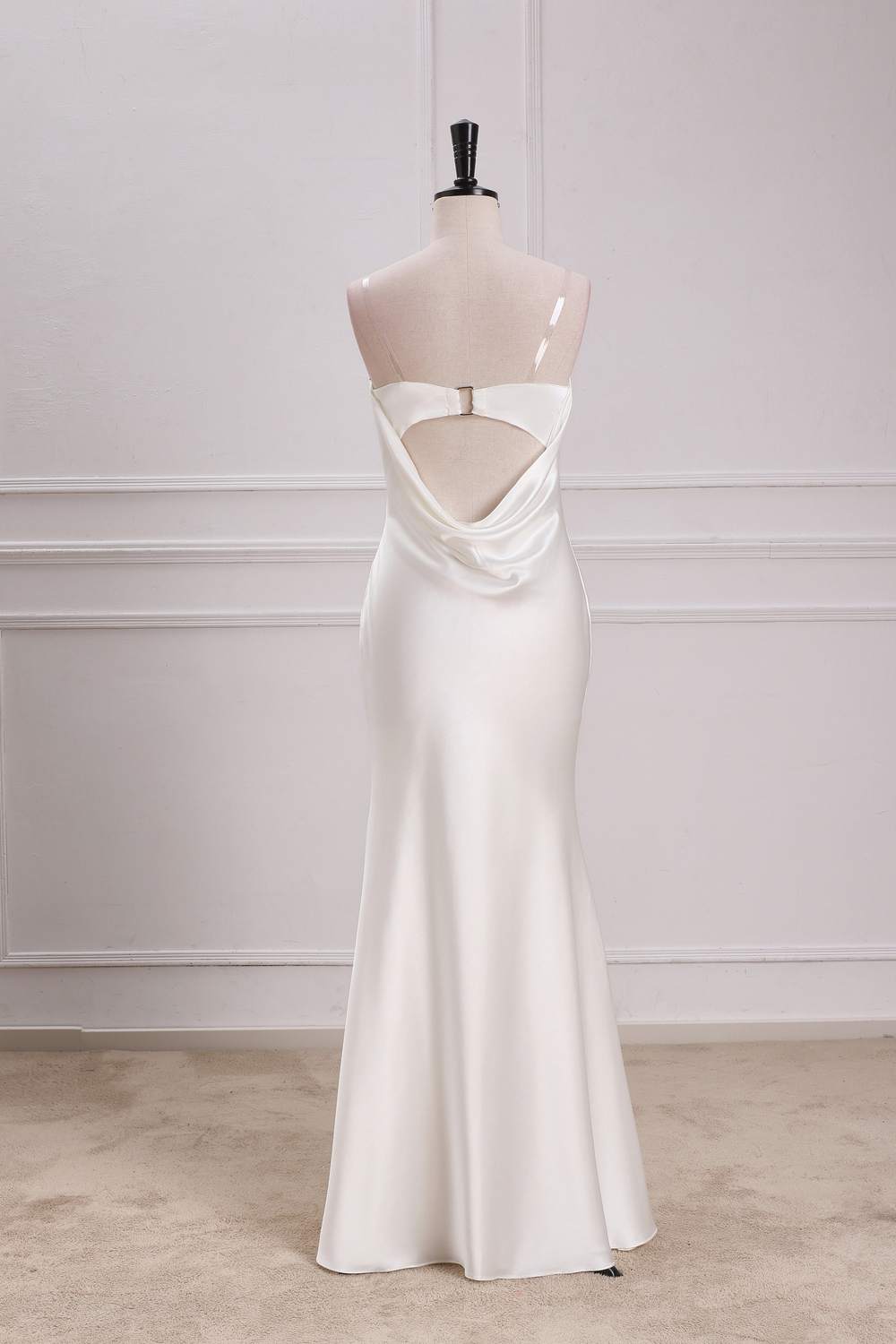 White Strapless Cowl Back Mermaid Satin Long Bridesmaid Dress