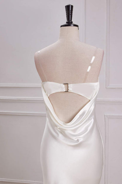 White Strapless Cowl Back Mermaid Satin Long Bridesmaid Dress
