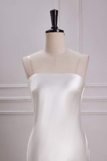 White Strapless Cowl Back Mermaid Satin Long Bridesmaid Dress
