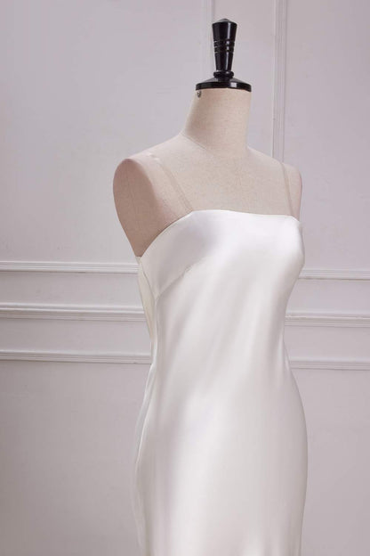 White Strapless Cowl Back Mermaid Satin Long Bridesmaid Dress